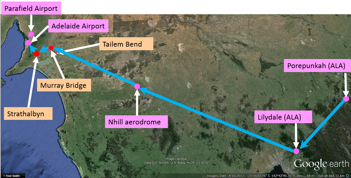 Figure 1: Approximate aircraft track from Porepunkah to Lilydale and Adelaide